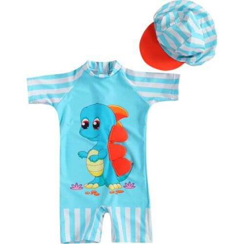 2021 New Kids Baby Boys Swimsuits Cartoon Dinosaur Print Round Neck Short Sleeve Romper Swimwear for Boys S/M/L/XL/XXL