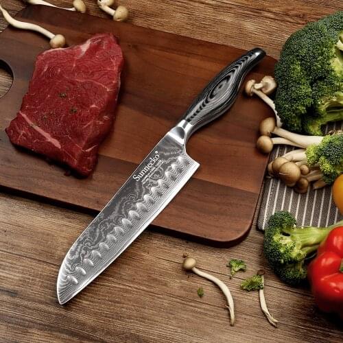 SUNNECKO 7" Santoku Knife Japanese Damascus VG10 Steel Blade Kitchen Knives Pakka Wood Handle Chef Slicing Meat Cutter Tool