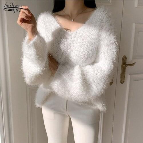 Autumn Women Mik Cashmere Girls Reversible Soft Warm Pullovers Korean Fashion Loose Lazy Wind V-Neck Knitted Sweater Tops 16531