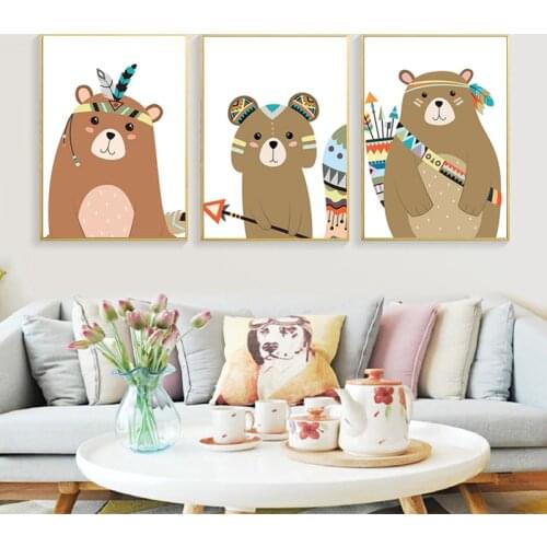 Feather Bow Animal Deer Bear Canvas Poster Nursery Spray Color Cartoon Painting Wall Picture Nordic Kids Bedroom Decoration
