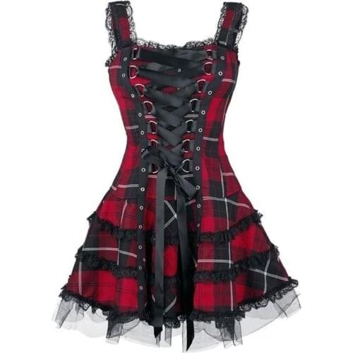 Dress Women Classic Frill Lace Dresses Sleeveless Plaid Vintage Gothic Mini Dresses Ball Gowns Cosplay Costume Plus Size Dress