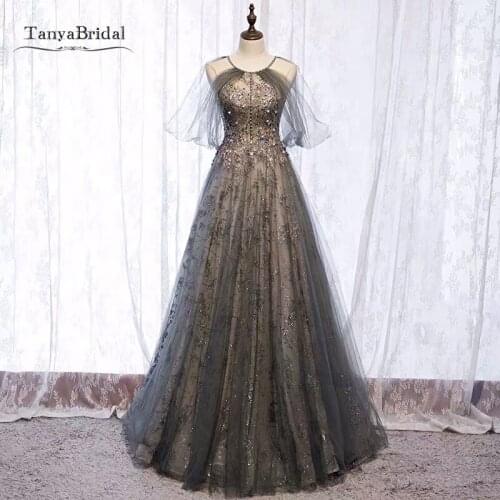 Gray A Line Long Prom Dresses Backless Half Sleeves Simple Evening Party Gown JQ764