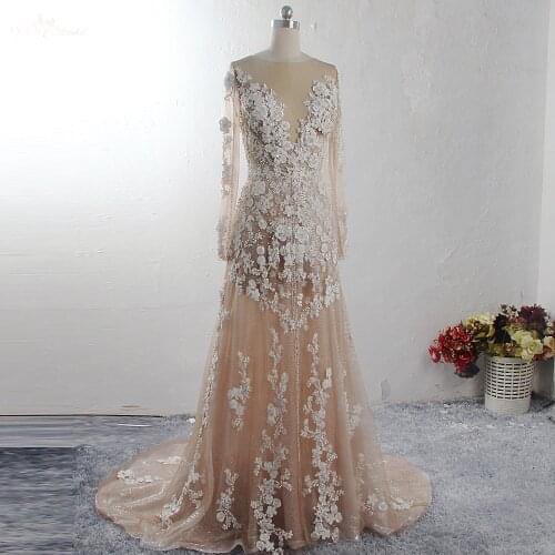 RSW1579 Sexy Champagne Del Merletto Maniche Lunghe Della 3D Fiori Appliques Abiti Da Sposa 2019 di Lusso