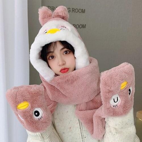 3in1 Hat Duck Gloves Scarf Set With Earflaps Warm Winter Womens Scarf With Cap Faux Lamb Wool Girls Cute Ears Hats Snood