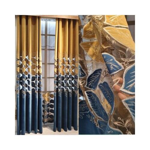 Blue leaf curtain European Style modern living room/villa Nordic velvet hollow embroidery curtains bedroom window yarn custom