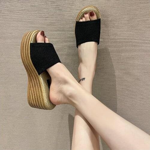 Big Size on A Wedge Female Shoes Ladies' Slippers Platform Med Luxury Slides Women Heels 2021 Designer High Synthetic Fashion Bo