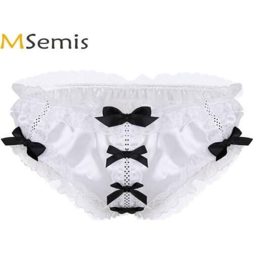 Men Sissy Thong Underwear Shiny Ruffled Floral Lace Satin Panties Sexy Low Rise Bowknot Gay Bikini Briefs Erotic Hombre Lingerie
