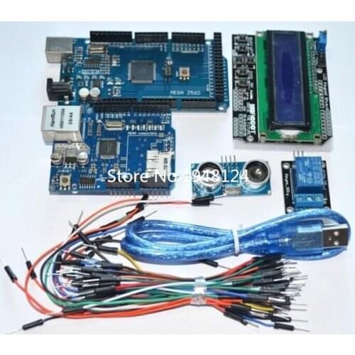 Suq Mega 2560 r3 for arduino kit + HC-SR04 +breadboard cable + relay module+ W5100 UNO shield + LCD 1602 Keypad shield