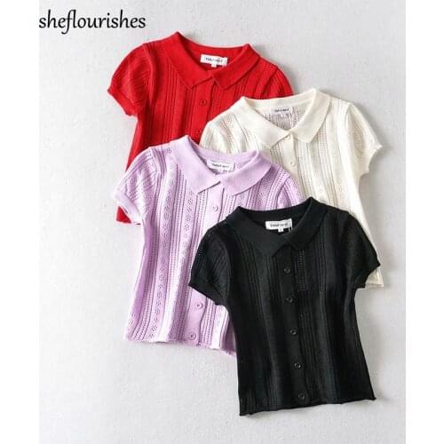 Knitted sweater women vintage cardigan short sleeve turn down collar sweater sexy hollow out top single breasted cardigan 2021