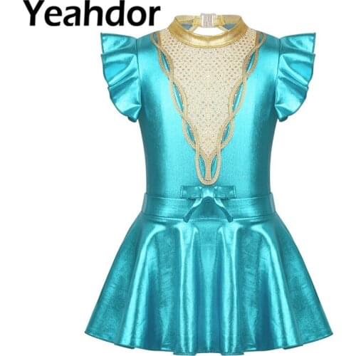 Kid Girls Cosplay Dance Costume Outfit Short Flutter Sleeves Metallic Sparkly Sequins Keyhole Back Gymnastics Leotard With Skirt