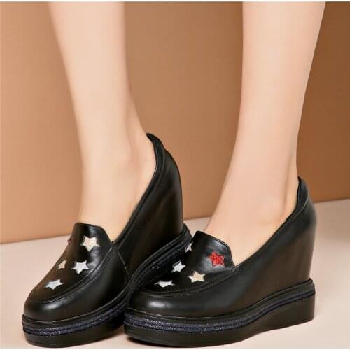 Women Genuine Leather Wedges High Heel Pumps Shoes Female Slip On Med Top Round Toe Chunky Platform Oxfords Shoes Casual Shoes