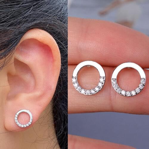 Korean Simple Minimalist Jewelry Crystal Rhinestone Round Circle Stud Earrings for Women Girls Piercing Earing Jewellery