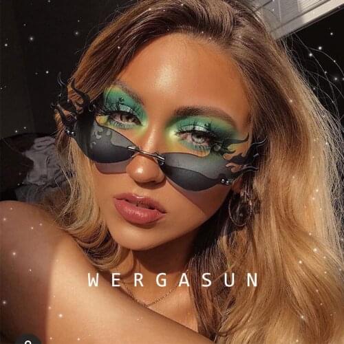 WERGASUN Fashion Fire Wave Flame Sunglasses Women Men Rimless Sun Glasses Eyewear Luxury Trending Party Sunglasses Streetwear