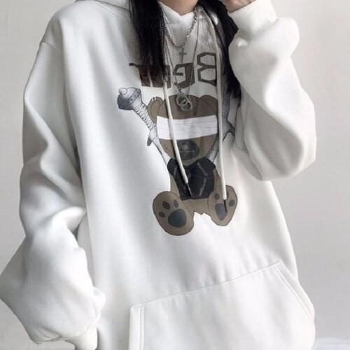 Punk style hoodie fun cartoon bear print gothic womens hooded sweatshirt Korean loose kawaii womens hoodie Harajuku Streetwear