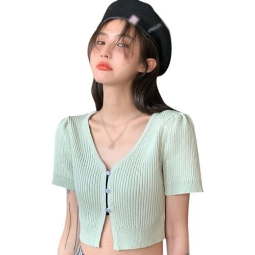 Womens Personalized Thin Cardigan Women Short Sleeve Summer Fashion Pure Color Crop V-Neck Top Single Breasted Short Sleeves