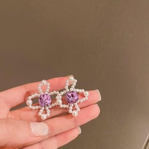 MENGJIQIAO Korean Cute Elegant Pearl Flower Stud Earrings For Women Girls Fashion Purple Heart Crystal Boucle D'oreille Jewelry