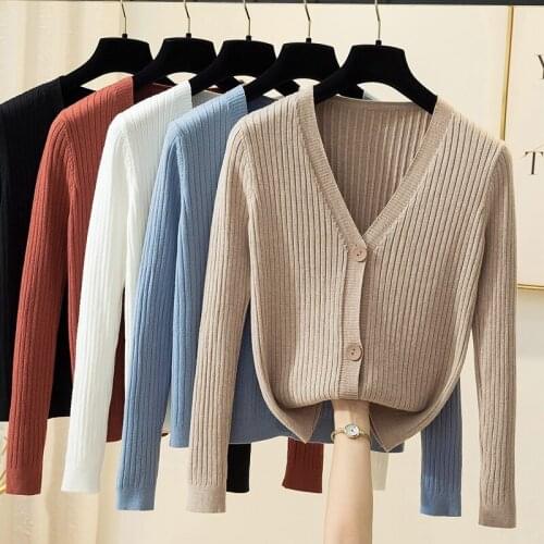 2021 Spring New Knitted Cardigan Womens Short Long Sleeve Loose V-neck Sweater Versatile Top