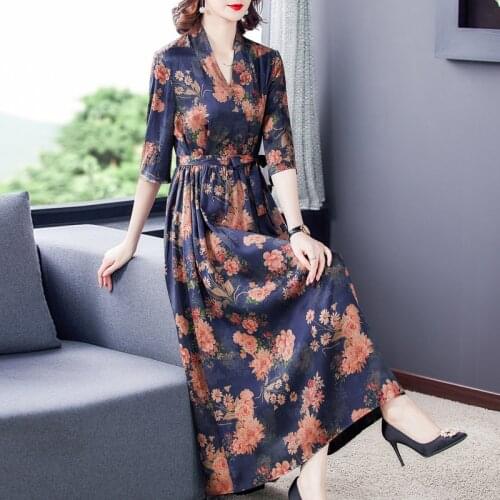 2021 Spring Floral Mulberry Silk Satin Maxi Dress Autumn Vintage Casual 3XL Plus Size Midi Dress Women Elegant Bodycon Vestidos