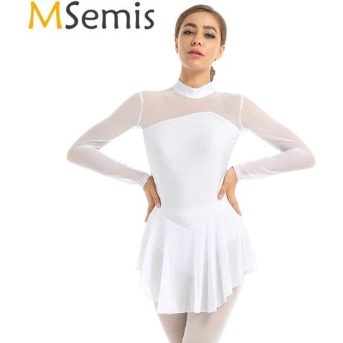 MSemis New Women Figure Ice Skating Dress Shiny Rhinestones See Through Long Sleeves Gymnastics Leotard Ballet Dance Costume