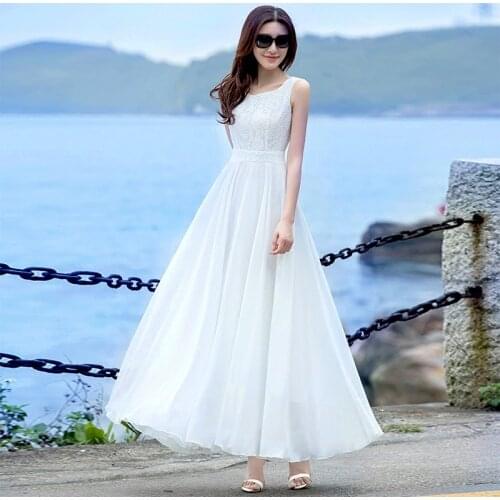Women Sleeveless Big Swing Empire O-Neck Ankle-Length A-Line Chiffon Simple Black White Summer Holiday Coctail Dress 9856