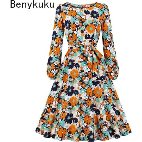 Floral Print Bishop Sleeve Vintage Midi Dress Autumn 2020 Fall Clothes for Women Long Sleeve Belted A Line Robe Elegant Dresses