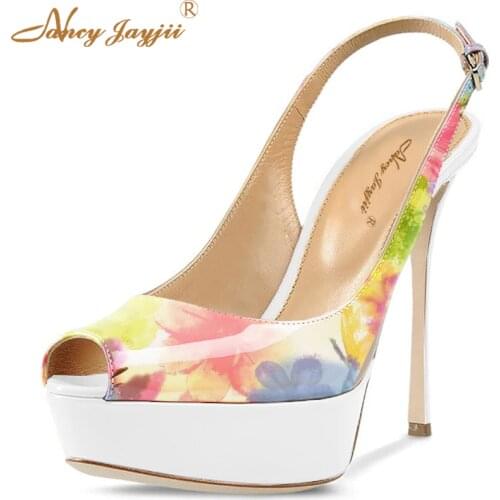 White Flower Slingbacks Sexy Patch Platform Floral Print Open Toe Sandals High Heels 14cm Shoes Woman Wedding&Party Nancyjayjii