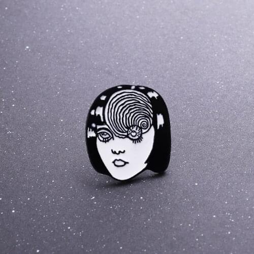 Horror Goru Eyeball Pin Horrific Japanese Anime Comic Black White Women face Enamel Brooch Bag Shirt Clothes Lapel Pin Badge