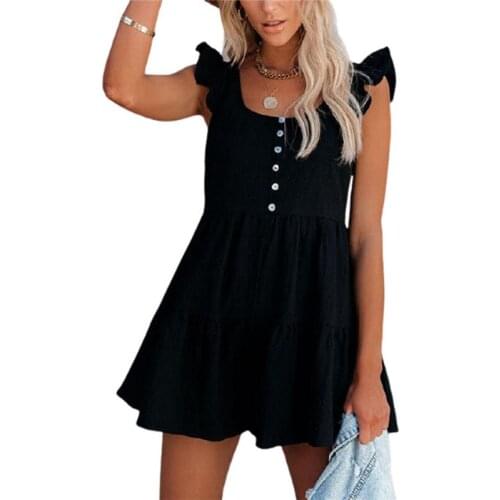 Ladies Culottes Summer New Pure Color Short Sleeve Open Back Button One-Piece Pants Fashion Splicing Ruffled Briefs Beach Skirt