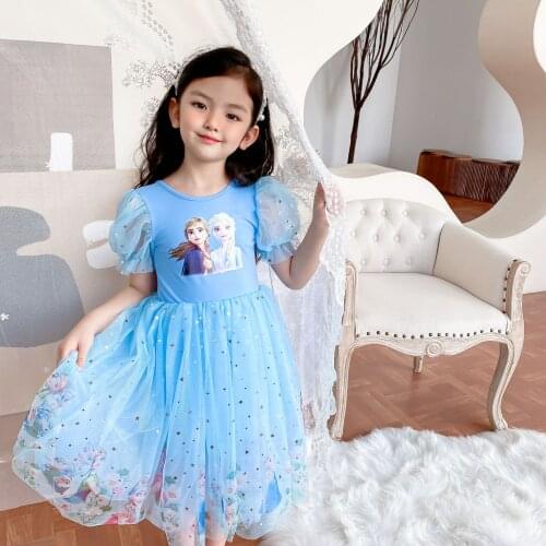 Disney Children Dress Girl Fashion Sequins Short Sleeve Princess Dress Summer Skin Friendly Ventilation Lovely Dress for Girls