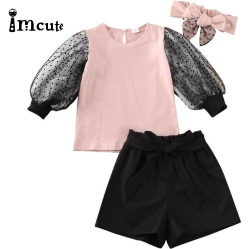 Imcute Baby Girls Gauze Lace Puff Long Sleeve T-Shirt Tops+ Black High Waist Shorts + Bowknot Headband Causal Kids Girls Clothes