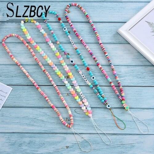Geometric Heart Round Acrylic Beaded Mobile Phone Chain Colorful Soft Clay Anti-lost Chains Lanyard Girls Women Halter Key Chain