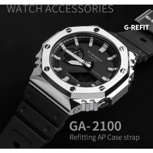 G-Refit GA2100 Metal Watch Band bBezel Strap Stainless Steel Watchband Frame Bracelet Accessory with RepairTool Silver GA-2100