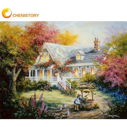 CHENISTORY Painting By Numbers 60x75cm Frame Mountain House Landscape Oil Paint Kits Handmade DIY Gift Home Decoration Photo