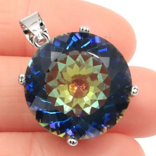 30x20mm Jewelry Set SheCrown Big 20mm Created Fire Rainbow Mystic Topaz For Women Dating Silver Earrings Pendant Eye Catching