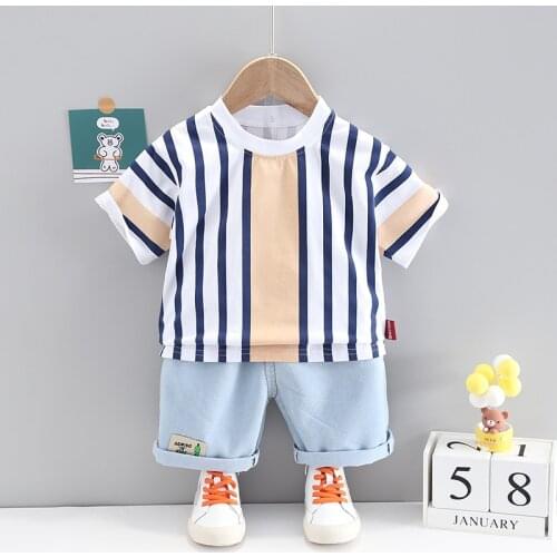 2021 New Baby Boys Girls Summer Clothes Cotton Sets Strips Sports Suit Infant T Shirt Shorts ChildrenS Clothing Tracksuits Sets