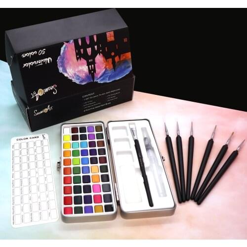 Professional 50 Colors Solid Watercolor Paint Set Portable Metal Box Water Paint Brush Pen for School Drawing Art Supplies