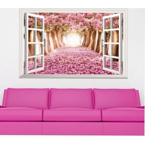 Romantic Pink Flower Trees Wall Decals Fake Window Home Decor 3D Scenery Vinyl Poster for Wedding Living Room Bedroom Decoration