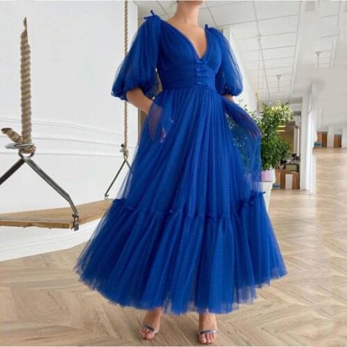 Royal Blue Dotted Tulle Prom Dresses 2021with Half Puff Sleeves Tea Length Evening Dress A-Line Party Gowns Princess