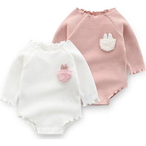 Spring Baby Girls Rompers 0-12 Month Cute Rabbit Ear Pocket Jumpsuit Long Sleeves Soft O Neck Bodysuit Newborn Infant Rompers