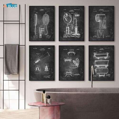 Vintage Blackboard Poster Bathroom Mirror Toothbrush Toilet Seat Patent Wall Art Print Canvas Picture Home Decoration Painting