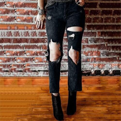 Women High Waisted Jeans High Quality Destroyed Hem Jeans Ripped Hole Denim Pants Trousers Simple Daily Comfy Jean Free Shipping