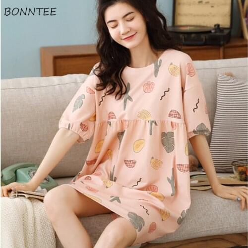 Women Nightgowns Above Knee Oversize Short Sleeve Lovely Printed Stylish Comfortable Thin Girls Sleepwear Leisure Female Ulzzang