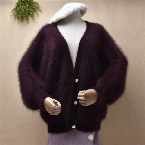 Top quality female women plush mink cashmere knitted v-neck long batwing sleeves loose oversize cardigan angora fur coat sweater