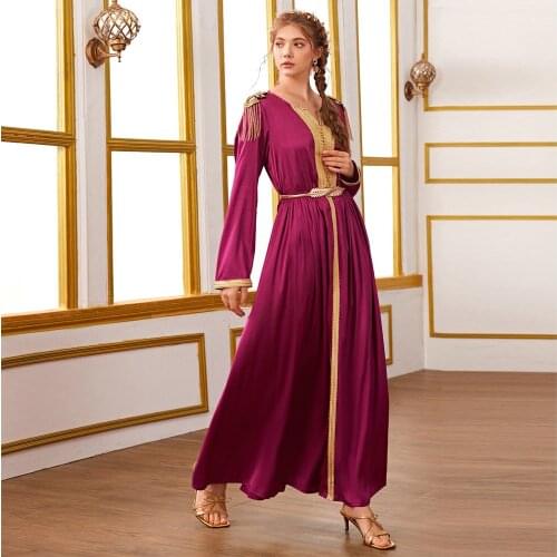 Hand made rivet beading Muslim abaya peignoir fashion silk fabric muslim dress female full length islamic prayer robe belt F1803