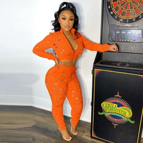 Hole 2 Two Piece Set Womens Tracksuits Hollow Out Zipper Crop Top Jacket and Pants Suits Autumn Clothes Outfits Matching Sets