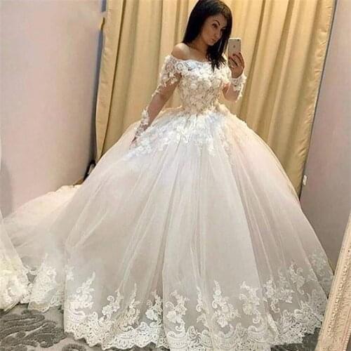 Long Sleeves Tulle Ball Gown Wedding Dresses Fashion Appliques Court Train Vestidos De Noiva Formal Bride Wedding Gowns Lace-up