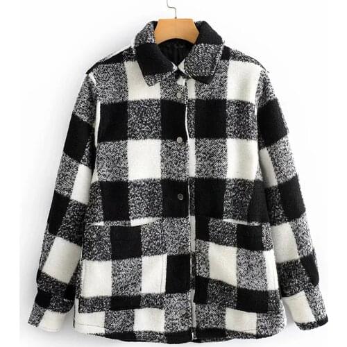 Women Black White Plaid Overcoat Casual Lapel Pocket Blouse Style Woolen Jackets Lady Thick Warm Streetwear Fall Winter Outwear