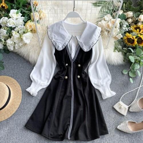 2019 autumn new womens peter pan collar double breasted ruffles chiffon fairy dress female long sleeve waist A-line dresses