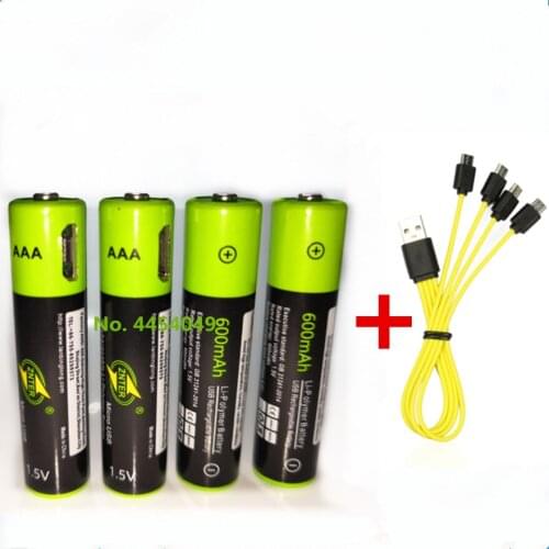 4PCS ZNTER 1.5V AAA 600mAh rechargeable lithium battery USB lithium polymer rechargeable battery+4 in 1 Micro USB charging cable