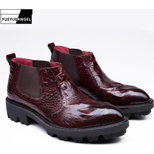 Pointed Toe Genuine Leather Chelsea Boots Men Winter Fashion Crocodile Pattern Boots Men Business Ankle Shoes Erkek Bot